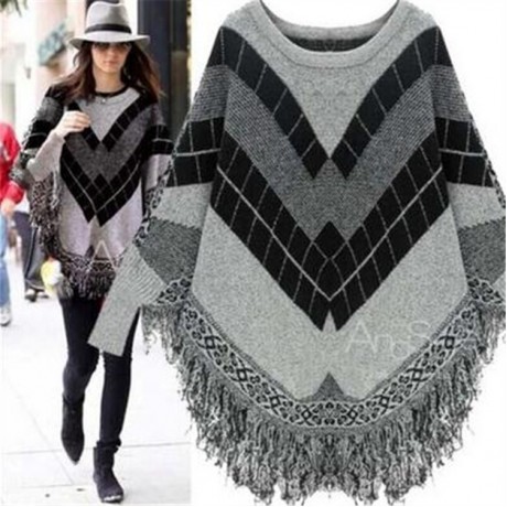  Womens Bat Long Sleeves Cloak Cape Loose Sweater Tassels Knit Jacket Fringed Hems with Tassels 