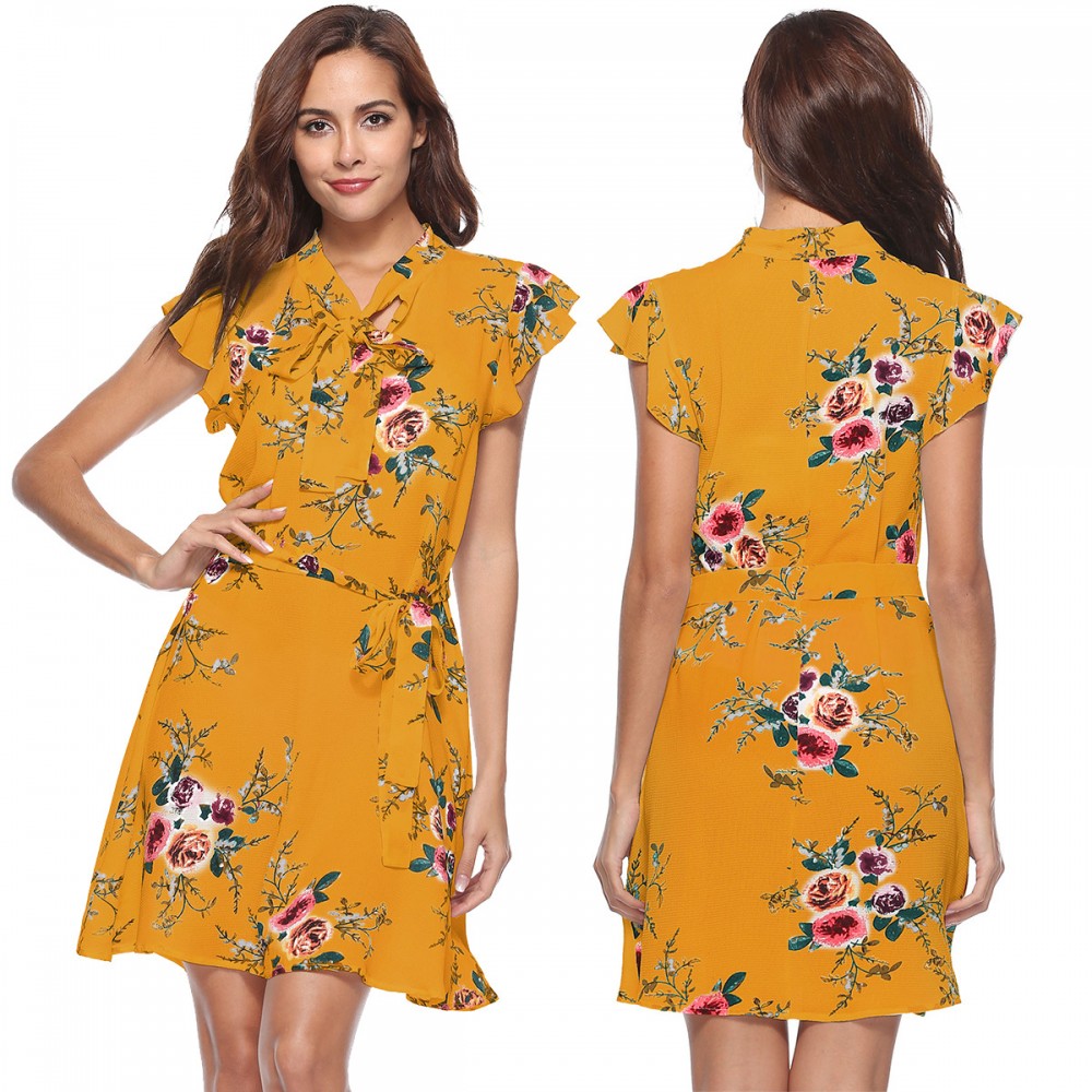 Women's Sexy  Dresse Deep V Neck Short Sleeved Floral Print Dress Summer Dresses(S-XL)