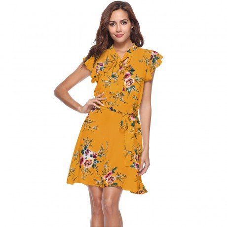 Women's Sexy  Dresse Deep V Neck Short Sleeved Floral Print Dress Summer Dresses(S-XL)