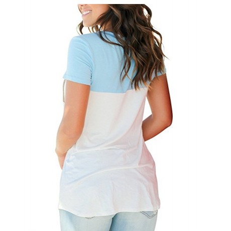 Short Sleeve V Neck Color Block T-Shirt Tops Casual Blouse with Suede Pocket