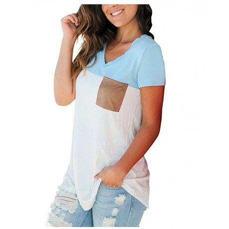 Short Sleeve V Neck Color Block T-Shirt Tops Casual Blouse with Suede Pocket