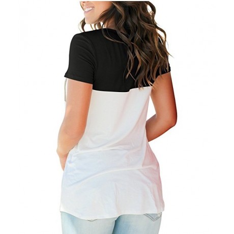 Short Sleeve V Neck Color Block T-Shirt Tops Casual Blouse with Suede Pocket