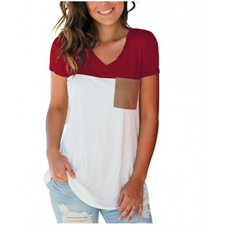 Short Sleeve V Neck Color Block T-Shirt Tops Casual Blouse with Suede Pocket