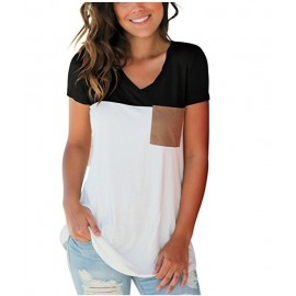 Short Sleeve V Neck Color Block T-Shirt Tops Casual Blouse with Suede Pocket 