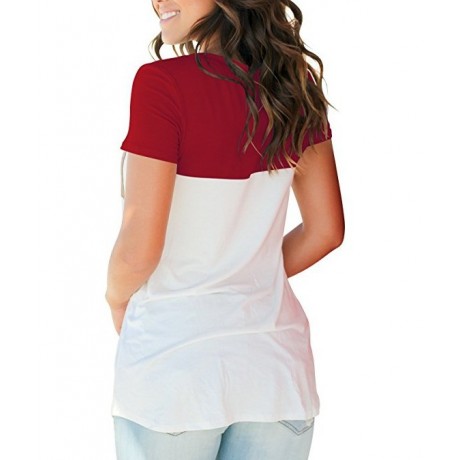 Short Sleeve V Neck Color Block T-Shirt Tops Casual Blouse with Suede Pocket