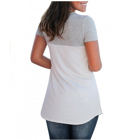 Short Sleeve V Neck Color Block T-Shirt Tops Casual Blouse with Suede Pocket