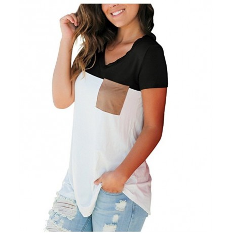 Short Sleeve V Neck Color Block T-Shirt Tops Casual Blouse with Suede Pocket