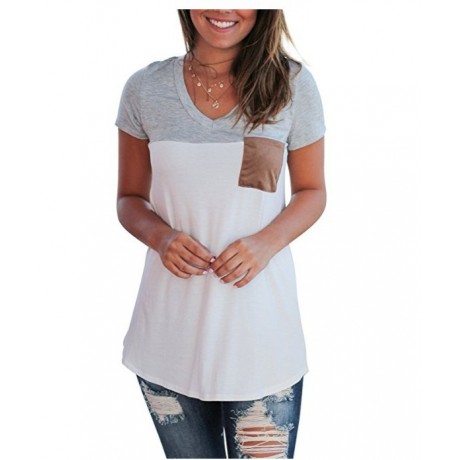 Short Sleeve V Neck Color Block T-Shirt Tops Casual Blouse with Suede Pocket