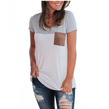 Short Sleeve V Neck Color Block T-Shirt Tops Casual Blouse with Suede Pocket