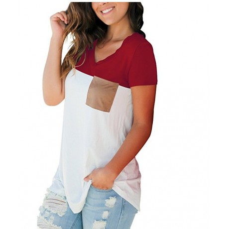Short Sleeve V Neck Color Block T-Shirt Tops Casual Blouse with Suede Pocket