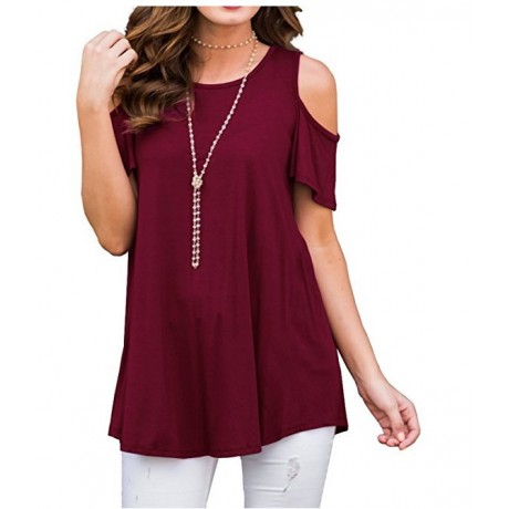 Womens Cold Shoulder Short Sleeve Summer Tops Loose Slub T Shirt Blouse(S-XXL)