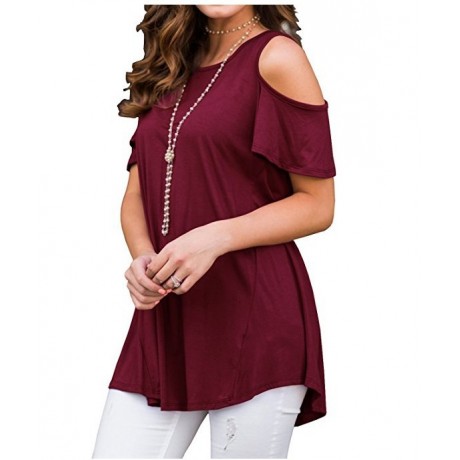 Womens Cold Shoulder Short Sleeve Summer Tops Loose Slub T Shirt Blouse(S-XXL)