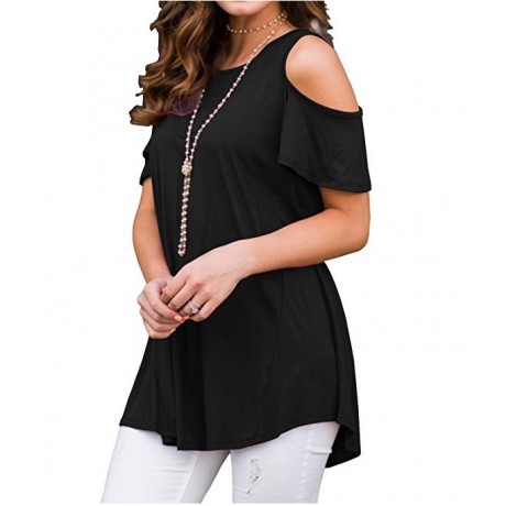 Womens Cold Shoulder Short Sleeve Summer Tops Loose Slub T Shirt Blouse(S-XXL)