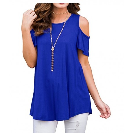 Womens Cold Shoulder Short Sleeve Summer Tops Loose Slub T Shirt Blouse(S-XXL)