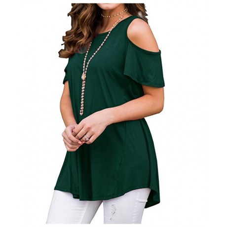 Womens Cold Shoulder Short Sleeve Summer Tops Loose Slub T Shirt Blouse(S-XXL)