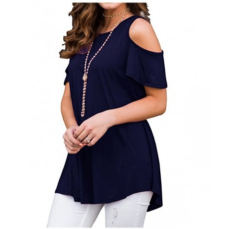 Womens Cold Shoulder Short Sleeve Summer Tops Loose Slub T Shirt Blouse(S-XXL)