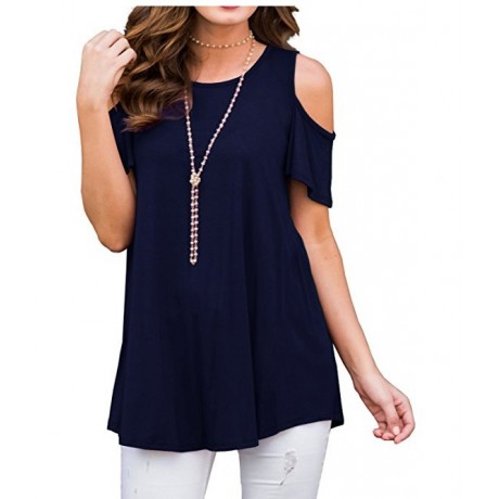 Womens Cold Shoulder Short Sleeve Summer Tops Loose Slub T Shirt Blouse(S-XXL)