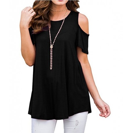 Womens Cold Shoulder Short Sleeve Summer Tops Loose Slub T Shirt Blouse(S-XXL)