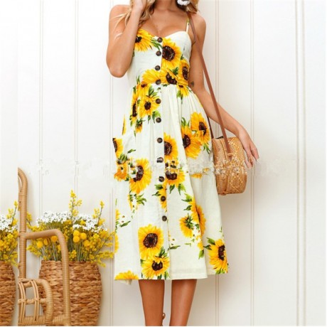 Women's Bohemian Elegant Spaghetti Straps Sleeveless Floral Chiffon Swing Midi Dress with Pockets(S-XL)