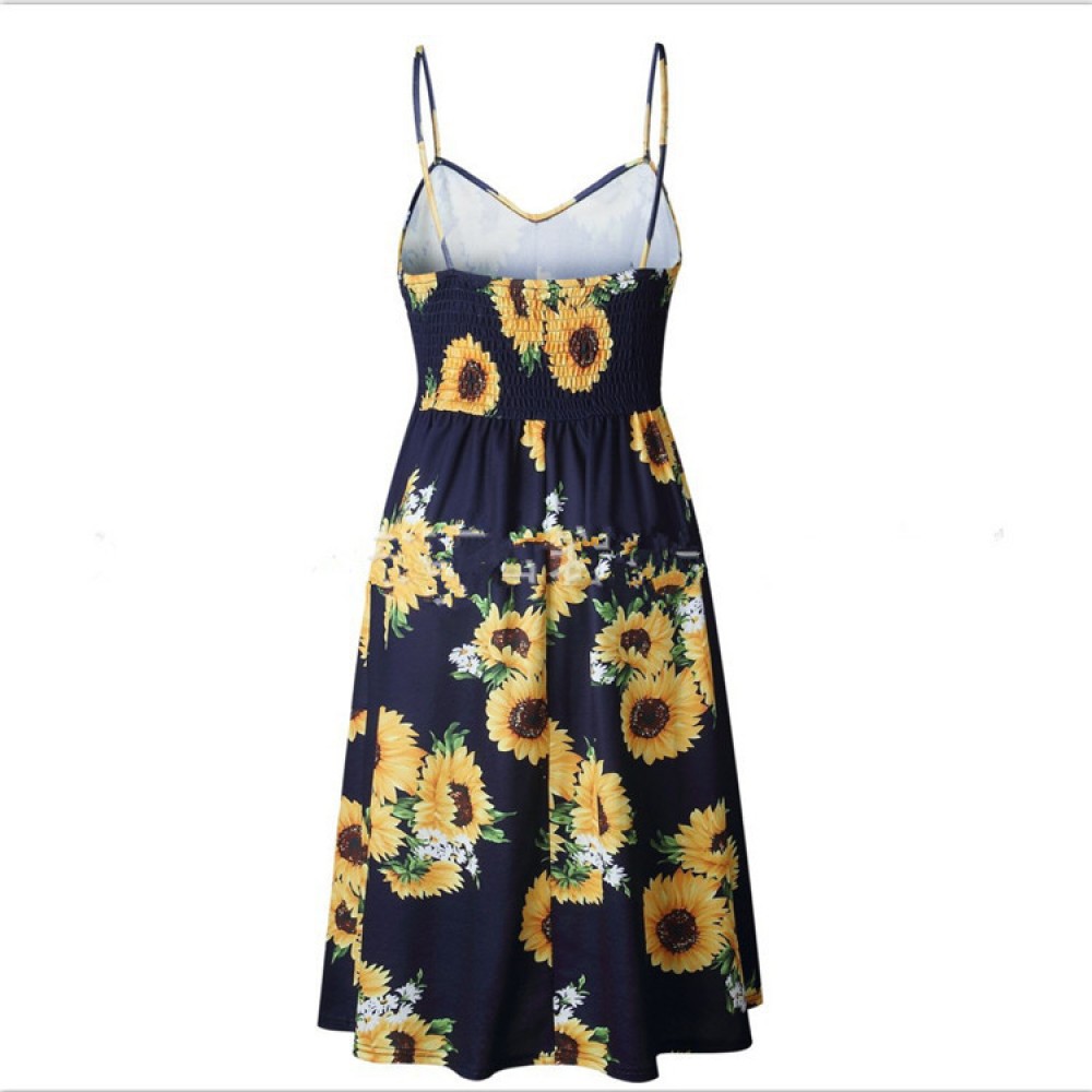 Women's Bohemian Elegant Spaghetti Straps Sleeveless Floral Chiffon Swing Midi Dress with Pockets(S-XL)