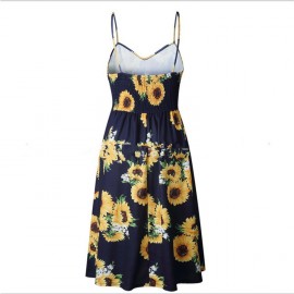 Women's Bohemian Elegant Spaghetti Straps Sleeveless Floral Chiffon Swing Midi Dress with Pockets(S-XL)
