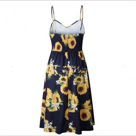 Women's Bohemian Elegant Spaghetti Straps Sleeveless Floral Chiffon Swing Midi Dress with Pockets(S-XL)