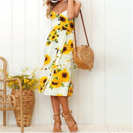Women's Bohemian Elegant Spaghetti Straps Sleeveless Floral Chiffon Swing Midi Dress with Pockets(S-XL)