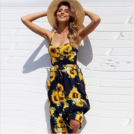 Women's Bohemian Elegant Spaghetti Straps Sleeveless Floral Chiffon Swing Midi Dress with Pockets(S-XL)