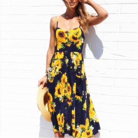 Women's Bohemian Elegant Spaghetti Straps Sleeveless Floral Chiffon Swing Midi Dress with Pockets(S-XL)