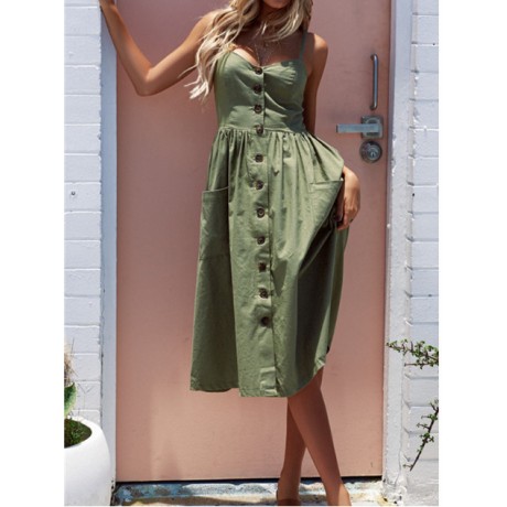 Women's Bohemian Elegant Spaghetti Straps Sleeveless Floral Chiffon Swing Midi Dress with Pockets(S-XL)