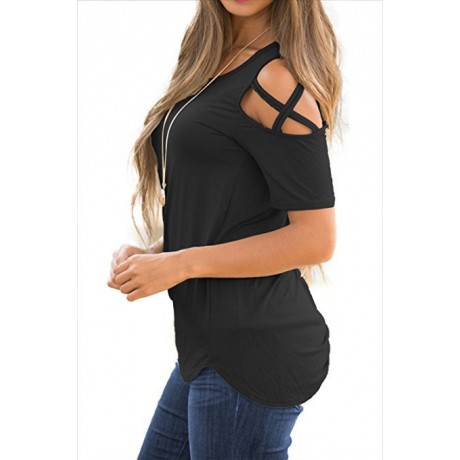 Womens Loose Strappy Cold Shoulder Tops Basic T Shirts