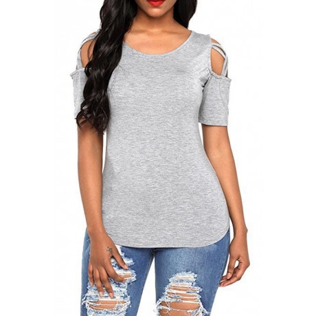Womens Loose Strappy Cold Shoulder Tops Basic T Shirts