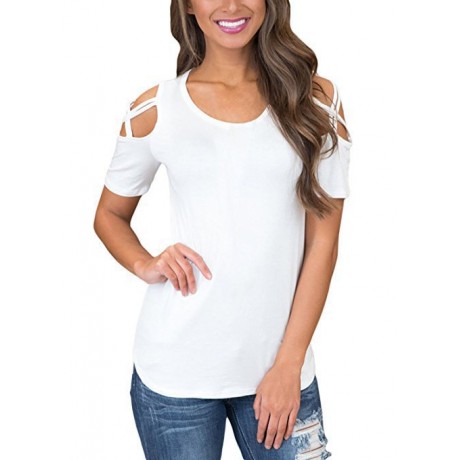Womens Loose Strappy Cold Shoulder Tops Basic T Shirts