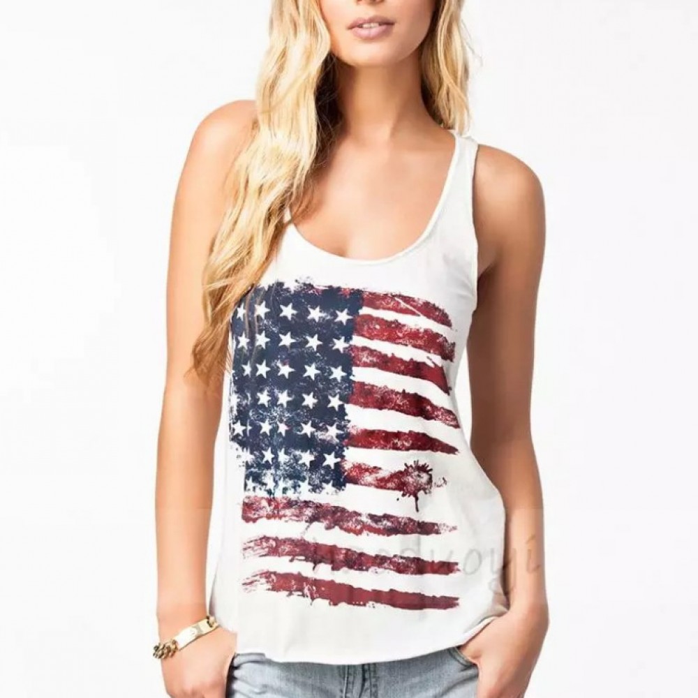 Women's Racer Back American Flag Tank Tops Patriotic Shirt Sleeveless Loose Fit Camisole Tunic(XS-XXL)
