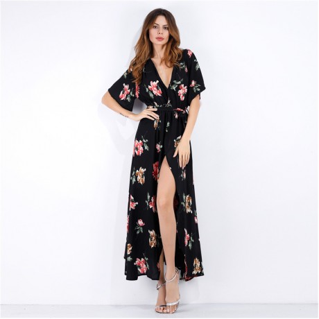 Women Sexy Long Dresses Middle Waist V neck Chiffon Floral Print Beach Dresses(s-xl)