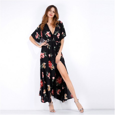 Women Sexy Long Dresses Middle Waist V neck Chiffon Floral Print Beach Dresses(s-xl)