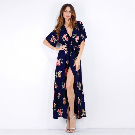 Women Sexy Long Dresses Middle Waist V neck Chiffon Floral Print Beach Dresses(s-xl)