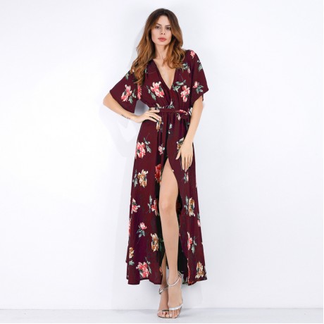 Women Sexy Long Dresses Middle Waist V neck Chiffon Floral Print Beach Dresses(s-xl)