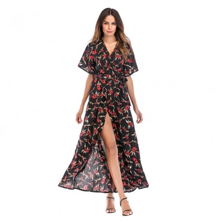Women Sexy Long Dresses Middle Waist V neck Chiffon Floral Print Beach Dresses(s-xl)