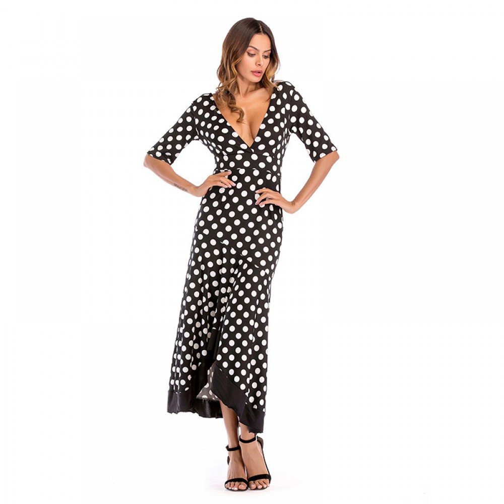 Women Long Dress Sexy V-neck Polka Dot Print Casual Beach Dress The Skirt of Irregular Iotus leaf Edge Big Dress
