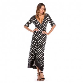 Women Long Dress Sexy V-neck Polka Dot Print Casual Beach Dress The Skirt of Irregular Iotus leaf Edge Big Dress