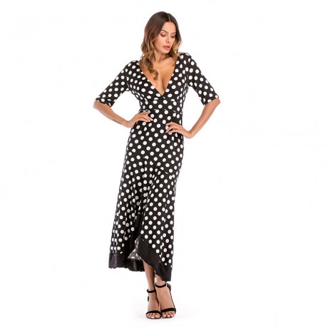 Women Long Dress Sexy V-neck Polka Dot Print Casual Beach Dress The Skirt of Irregular Iotus leaf Edge Big Dress
