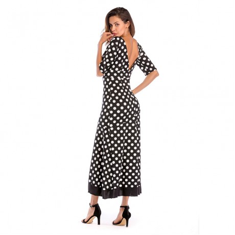 Women Long Dress Sexy V-neck Polka Dot Print Casual Beach Dress The Skirt of Irregular Iotus leaf Edge Big Dress