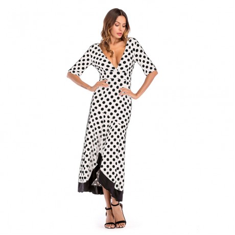 Women Long Dress Sexy V-neck Polka Dot Print Casual Beach Dress The Skirt of Irregular Iotus leaf Edge Big Dress