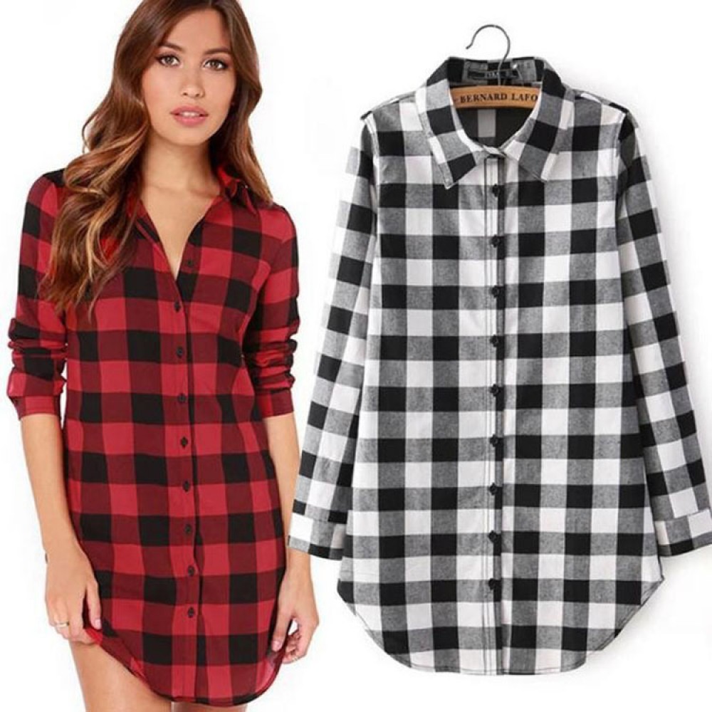 Women Blouses Tops Buffalo Check Plaid Long Sleeve Collar Neck Casual Button Down Shirts(M-XXL)