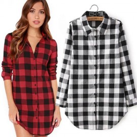 Women Blouses Tops Buffalo Check Plaid Long Sleeve Collar Neck Casual Button Down Shirts(M-XXL)
