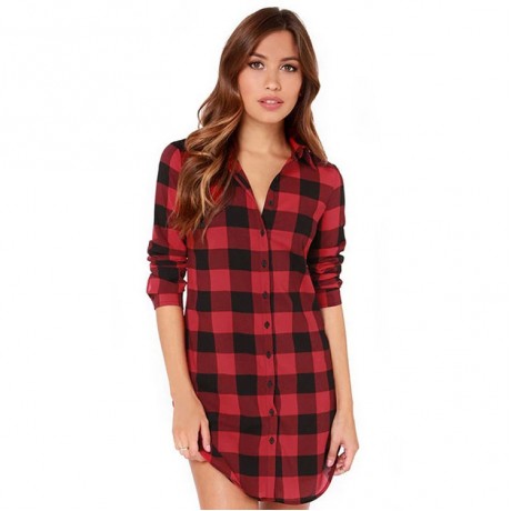 Women Blouses Tops Buffalo Check Plaid Long Sleeve Collar Neck Casual Button Down Shirts(M-XXL)