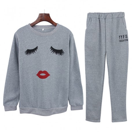 Womens Casual Tops Round Neck Lip Printing Sports Suit Tunic Sweatshirts and Pants Sets(s-xxl)