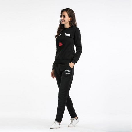Womens Casual Tops Round Neck Lip Printing Sports Suit Tunic Sweatshirts and Pants Sets(s-xxl)