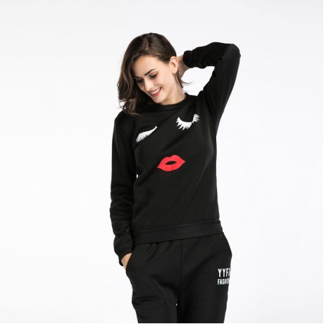 Womens Casual Tops Round Neck Lip Printing Sports Suit Tunic Sweatshirts and Pants Sets(s-xxl)